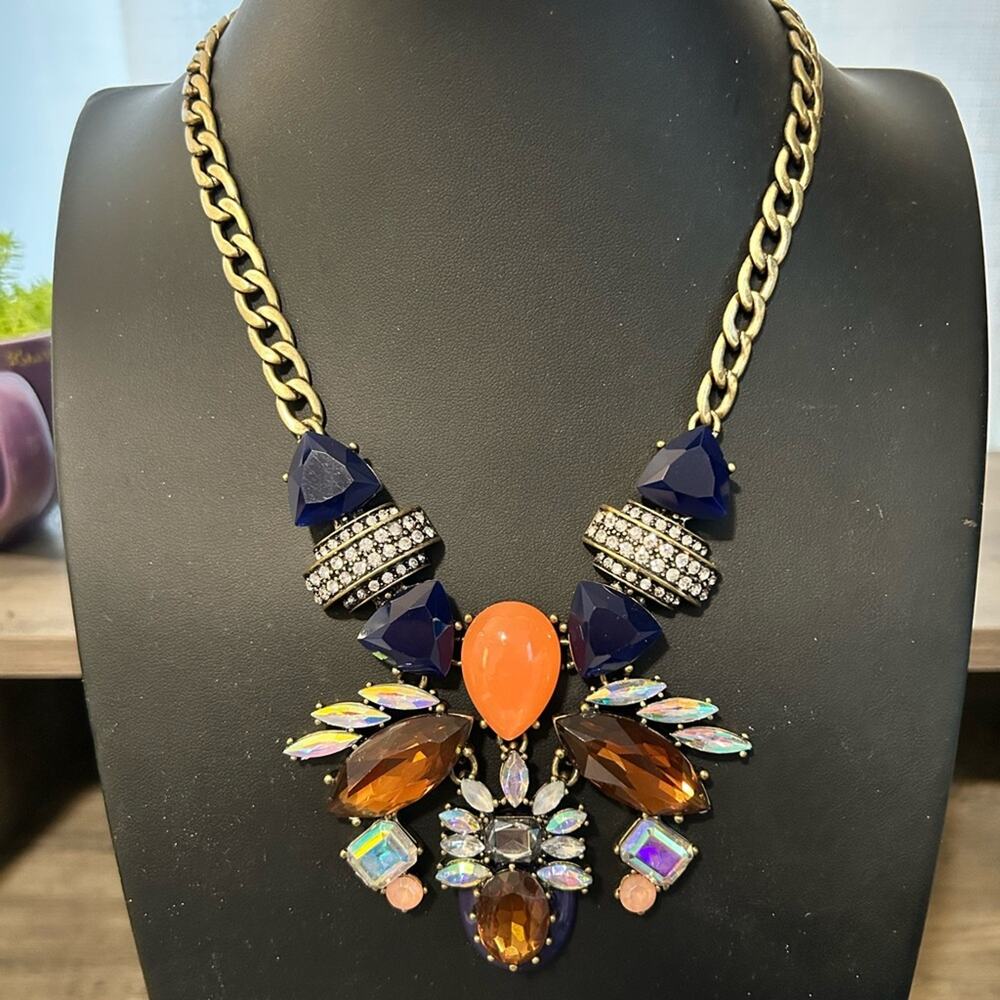 J. Crew Statement Necklace #0160. Rhinestones Navy Orange Amber tone
